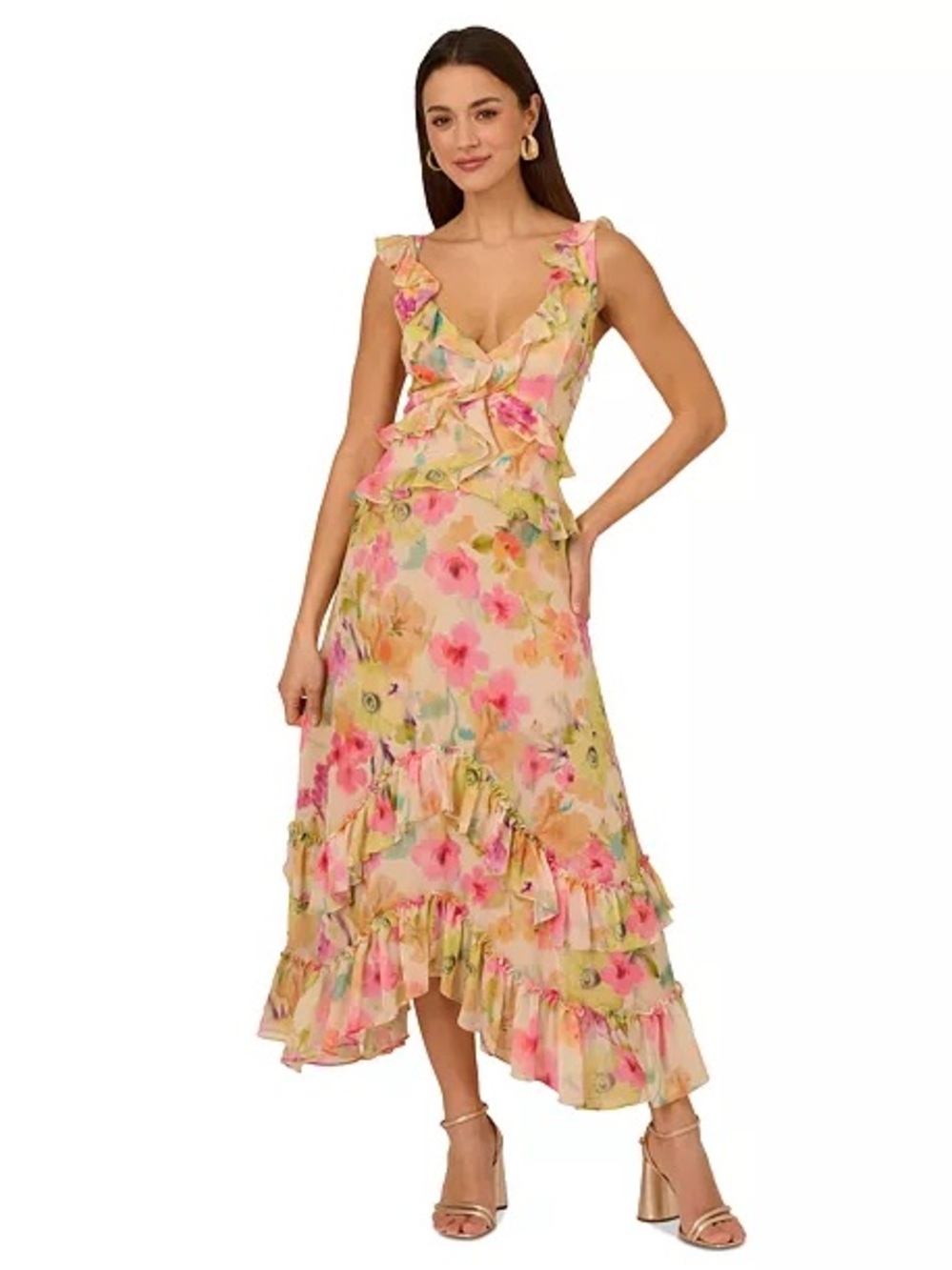 Adrianna Papell Pink Multi Floral Ruffle Midi Dress